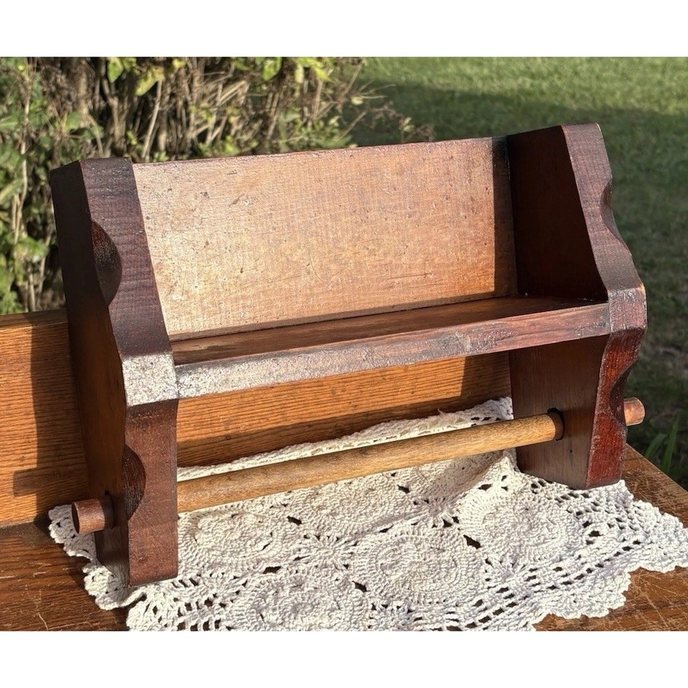 Vintage Rustic Solid Wood Shelf Paper Towel Holder Dark Stain Cabincore